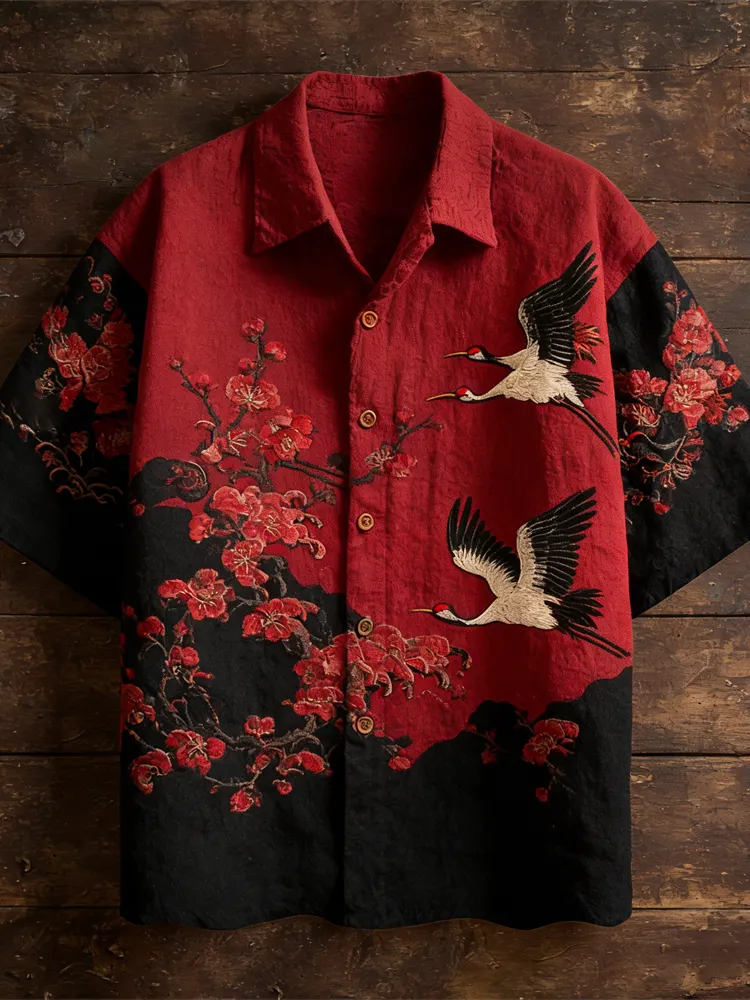 Vintage Japanese Plum & Crane Linen Short Sleeve Shirt - Red