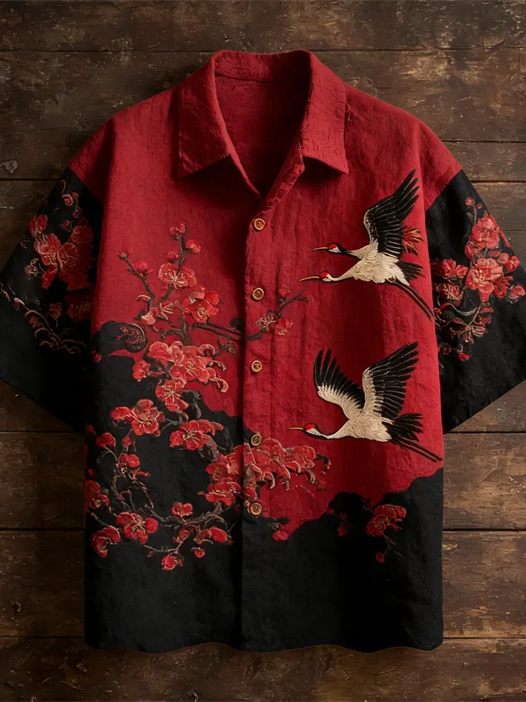 Vintage Japanese Plum & Crane Linen Short Sleeve Shirt - Red