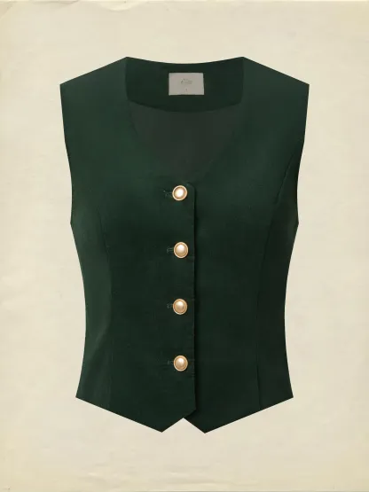 Cotton Vest (Shirt and Skirt Not Included), Sleeveless, V Neck, Plain, Button Design, Vintage, Green - Green