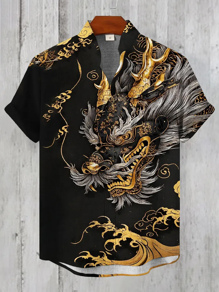 Japanese Dragon Totem Art Men's Casual Short Sleeve Shirt - Black