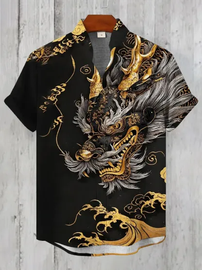 Japanese Dragon Totem Art Men's Casual Short Sleeve Shirt - Black