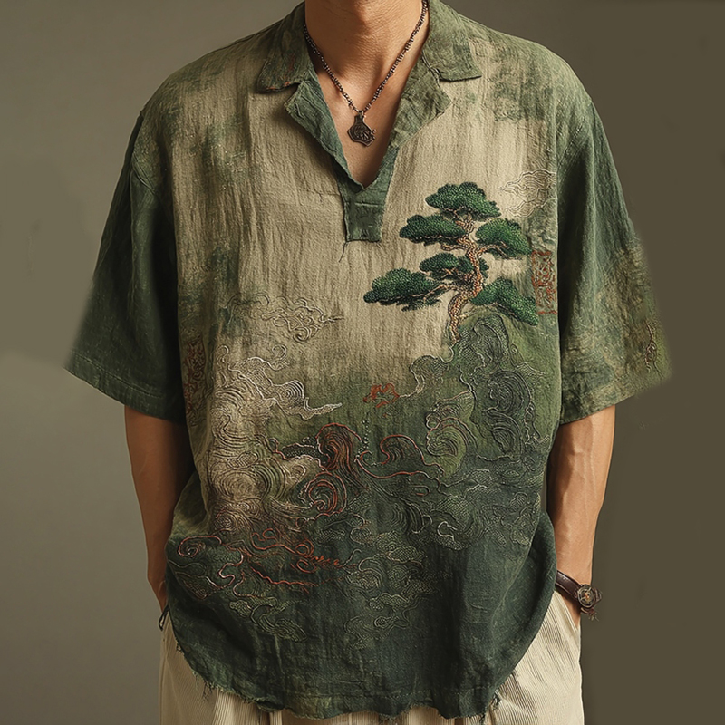 Men's Retro Landscape Embroidery Casual Lapel Short Sleeve Shirt - Grey