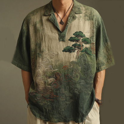 Men's Retro Landscape Embroidery Casual Lapel Short Sleeve Shirt - Grey