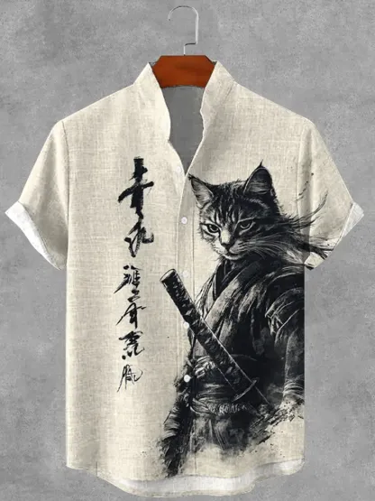 Men's Samurai Cat Japanese Art Print Short Sleeve Shirt - Beige