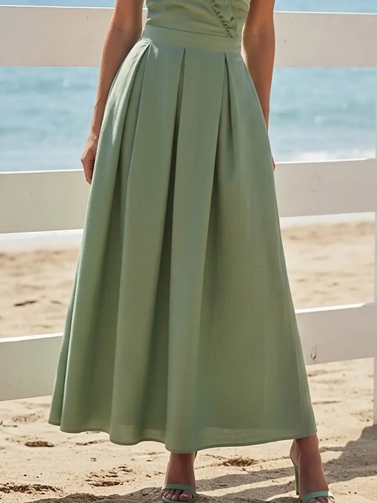 Maxi Linen Dress, Sleeveless, V Neck, Plain, Ruffles, French Vintage, Green - Green