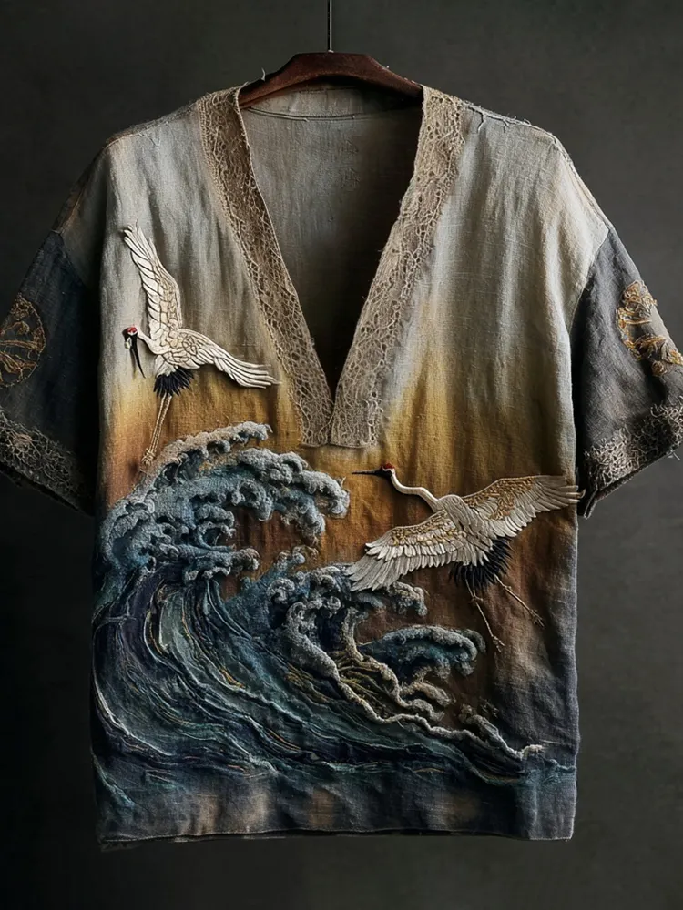 Japanese Embossed Crane Vintage Art Men's Linen V-neck Shirt - Beige
