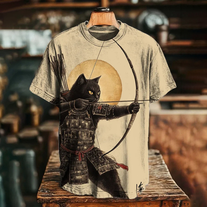Men's Shooting Arrows Black Cat Art Print Casual T-shirt - White
