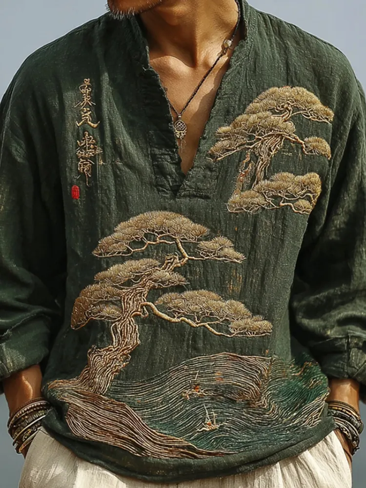 Men's Japanese Art Pine Embroidery Linen Shirt - Army Green