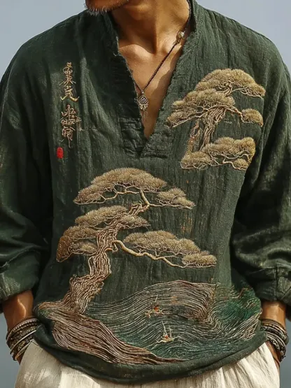 Men's Japanese Art Pine Embroidery Linen Shirt - Army Green