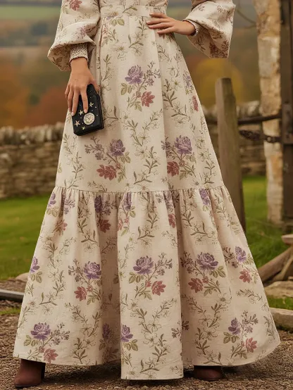 Maxi Linen Dress, Long Sleeves, V Neck, Floral, Vintage, Apricot - Apricot