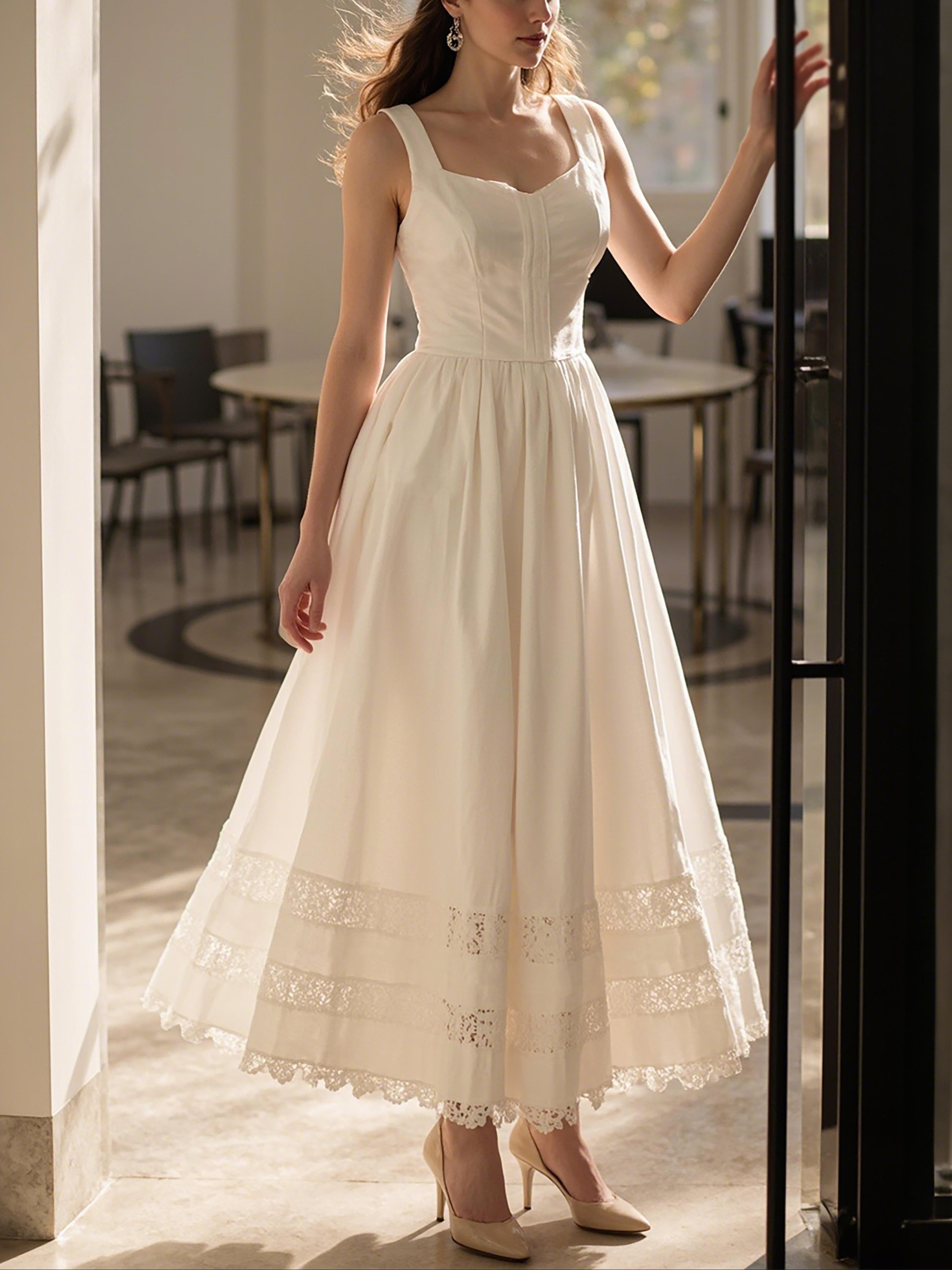 Maxi Linen Dress, Sleeveless, Sweetheart Neckline, Plain, Lace, Vintage, White - White