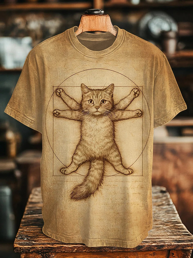 Men's Golden Ratio Cat Art Print T-shirt - Khaki
