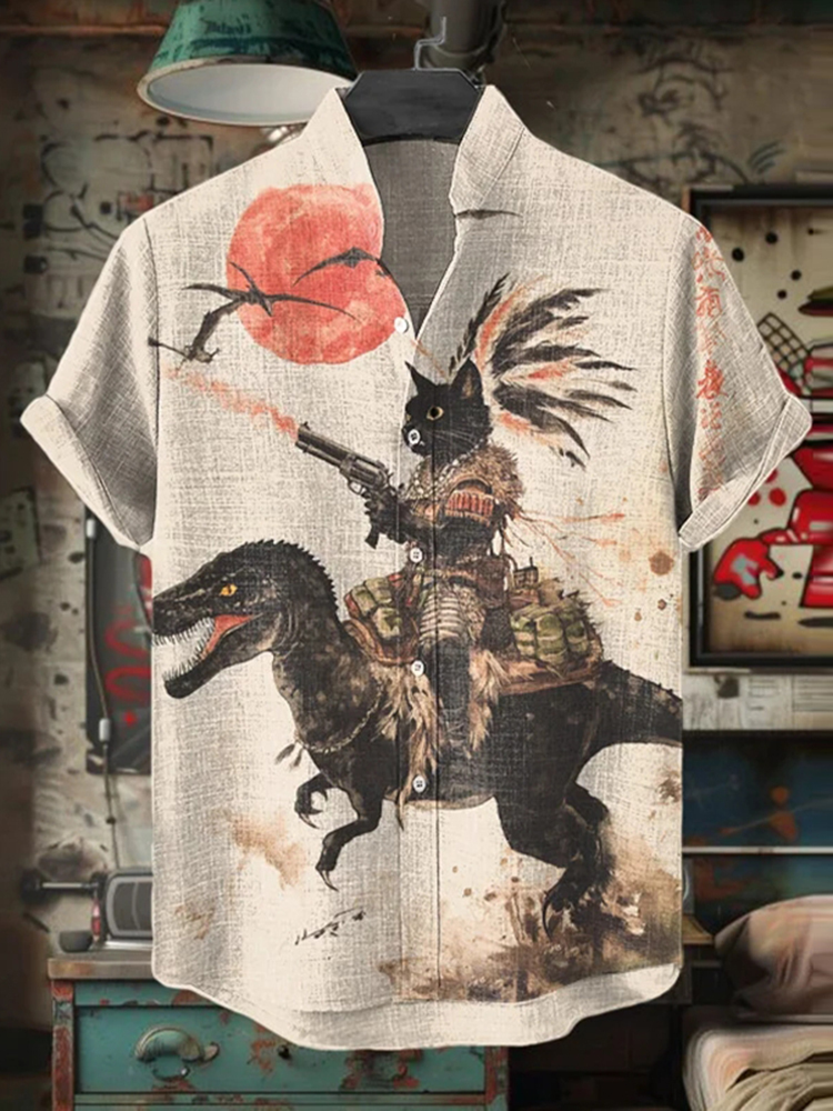 Men's Retro Tribal Black Cat Rides A Dinosaur Print Short Sleeve Shirt - Khaki