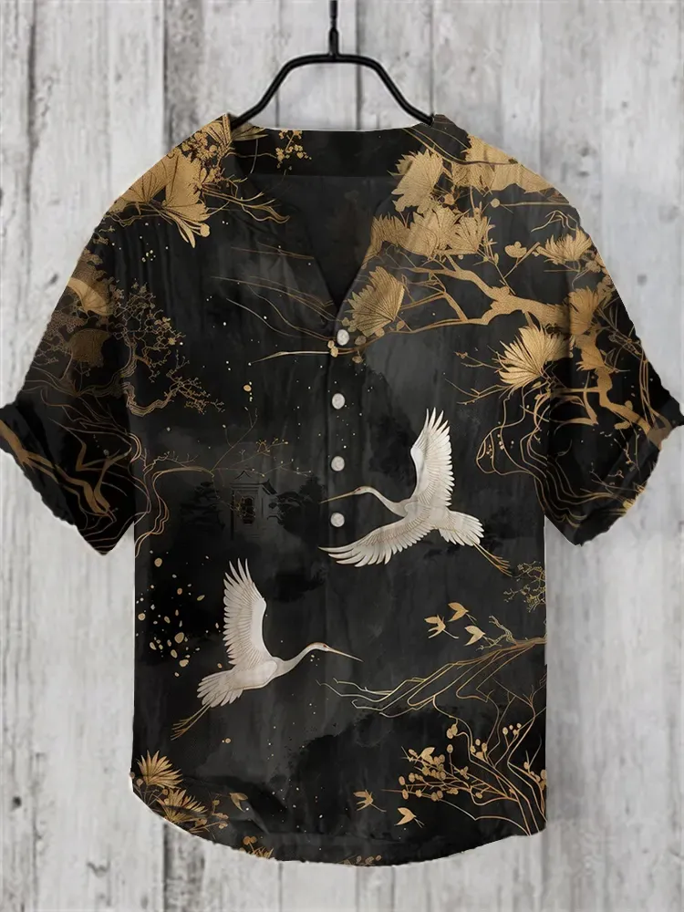 Japanese Crane Art Linen Blend Shirt - Black