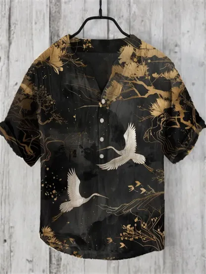 Japanese Crane Art Linen Blend Shirt - Black