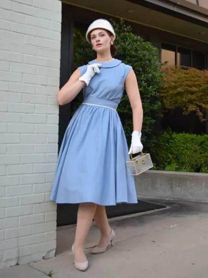 Linen Midi Dress, Sleeveless, Crew Neck, Plain, Vintage, Blue - Blue