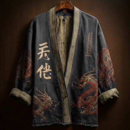 Japanese Art Style Men's Casual Cotton And Linen Cardigan - Grey