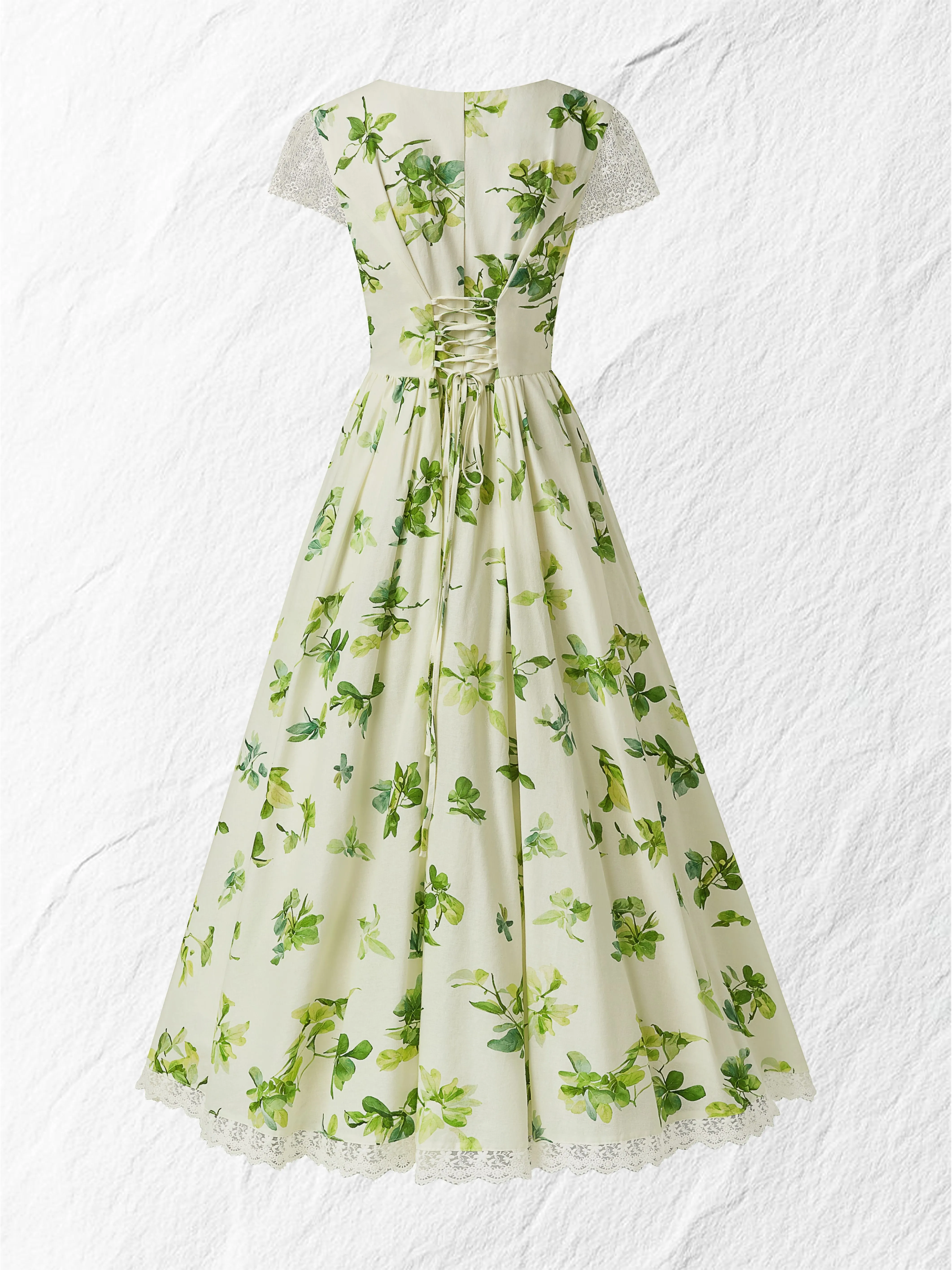 Linen Maxi Dress, Short Sleeve, V neck, Floral, Vintage, Green - Green