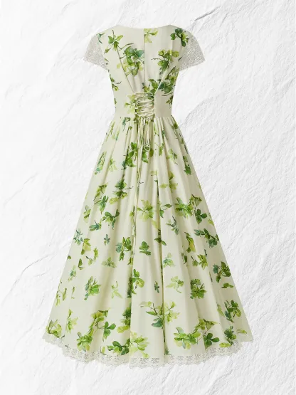 Linen Maxi Dress, Short Sleeve, V neck, Floral, Vintage, Green - Green