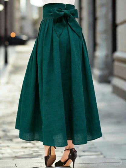 Maxi Linen Skirt, Plain, Bow, Vintage, Cyan - Cyan