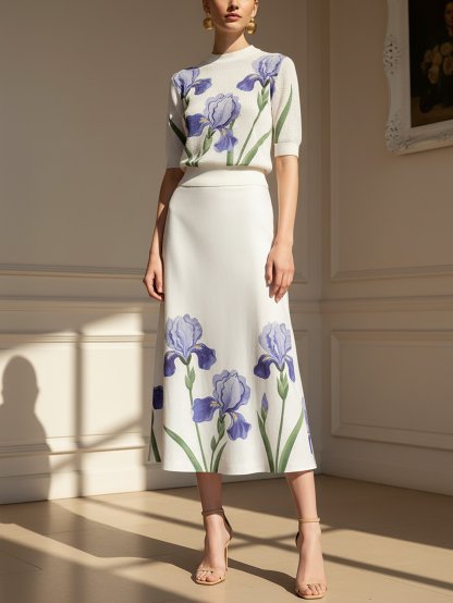 Midi Linen Skirt,  Floral, Vintage, White - White