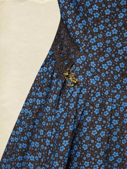 Maxi Cotton Dress, Sleeveless, V Neck, Floral, Lace, Vintage, Blue - Blue