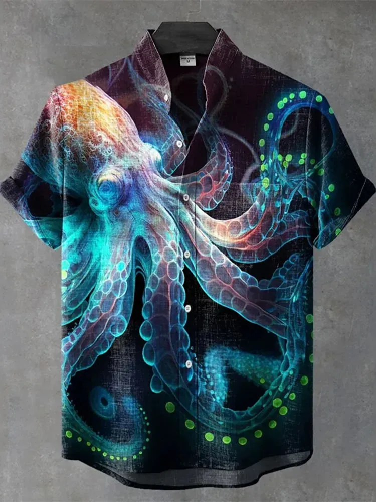 Vintage Fish Octopus Art Print Casual Cotton Shirt - Blue