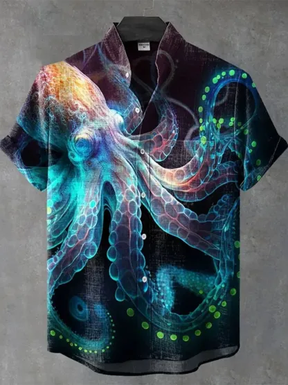 Vintage Fish Octopus Art Print Casual Cotton Shirt - Blue