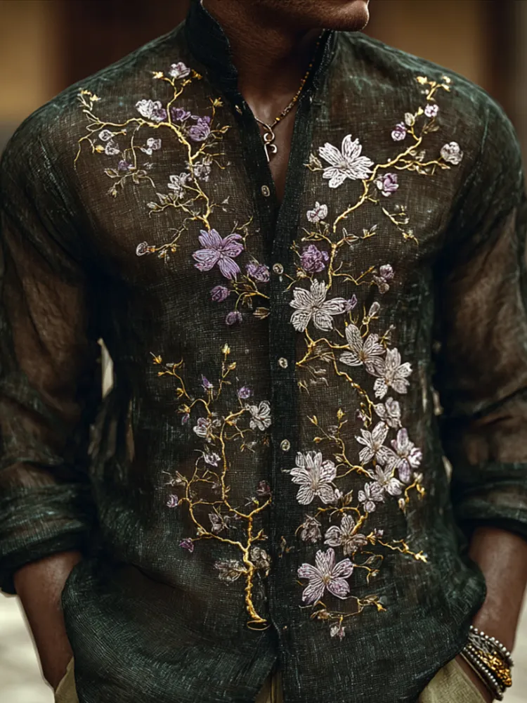 Bohemian Style Purple Flower Mysterious Men's Long-sleeved Shirt - Dark green