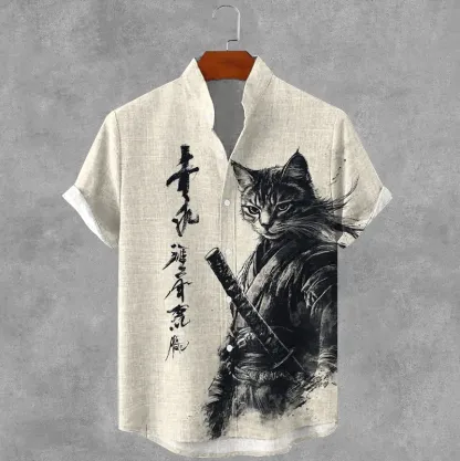 Men's Samurai Cat Japanese Art Print Short Sleeve Shirt - Beige