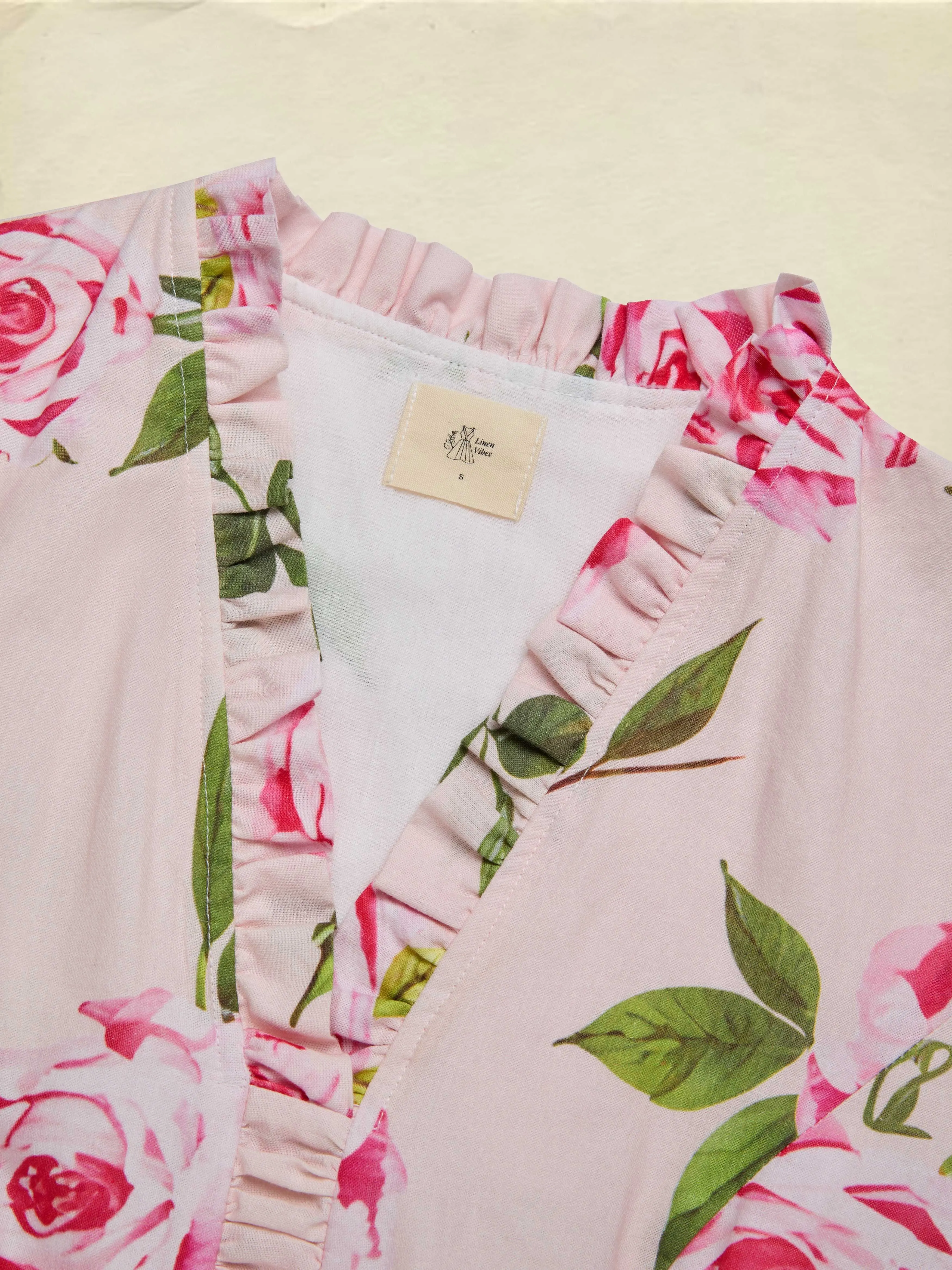 Midi Linen Dress , Long Sleeves, V Neck, Floral, Belt Design, Vacation, Vintage, Light Pink - Light Pink