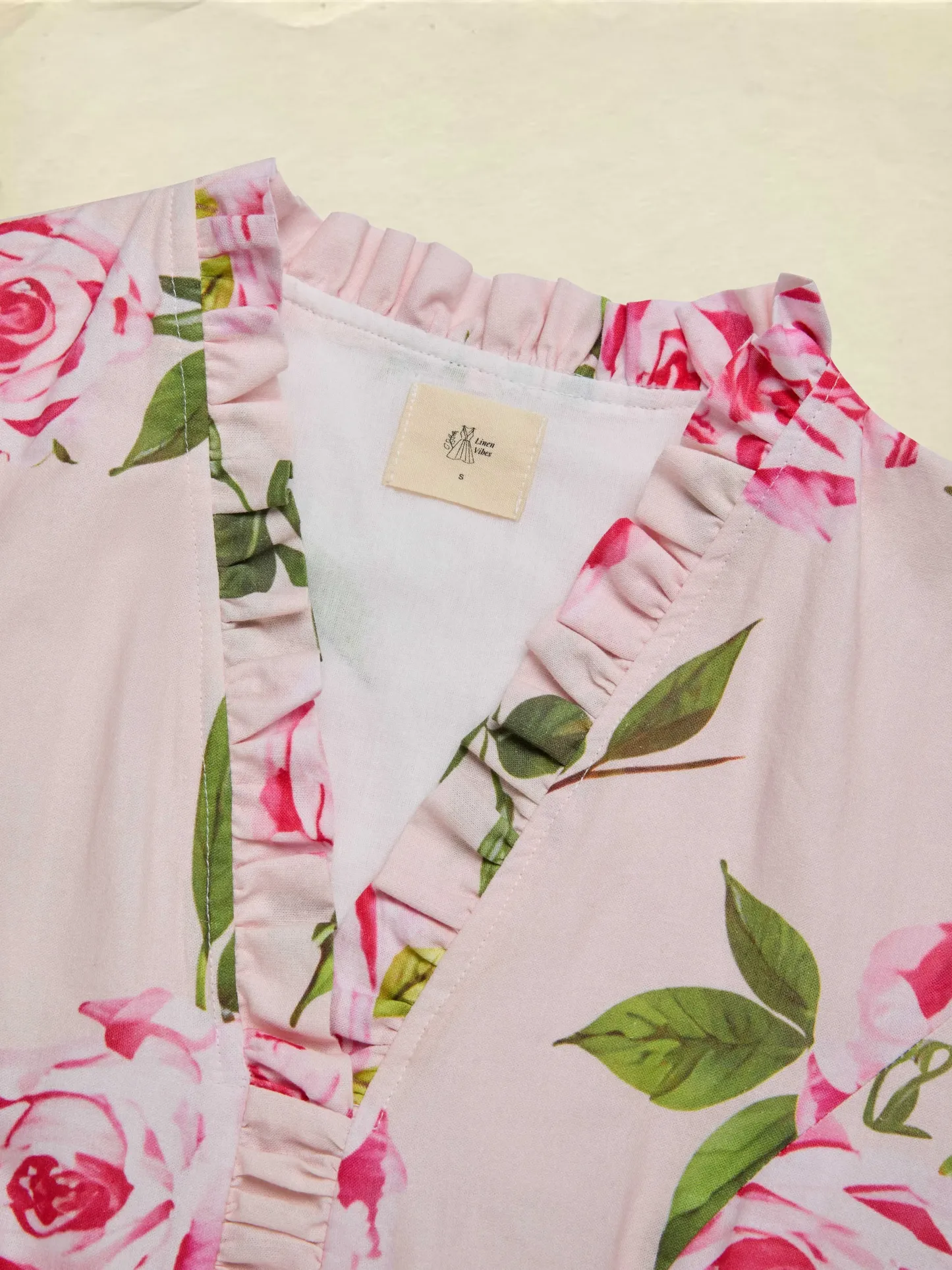 Midi Linen Dress , Long Sleeves, V Neck, Floral, Belt Design, Vacation, Vintage, Light Pink - Light Pink