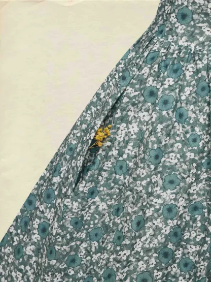 Maxi Linen Dress, Long Sleeves, V Neck, Floral, Button Design, Vintage, Green - Green