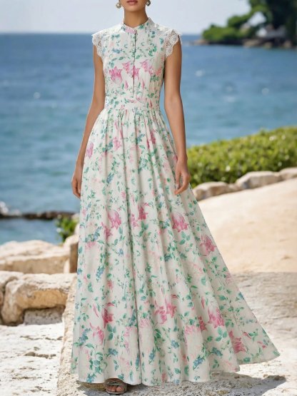 Maxi Cotton Dress, Sleeveless, V Neck, Floral, Lace, Vacation, Vintage, Apricot - Apricot