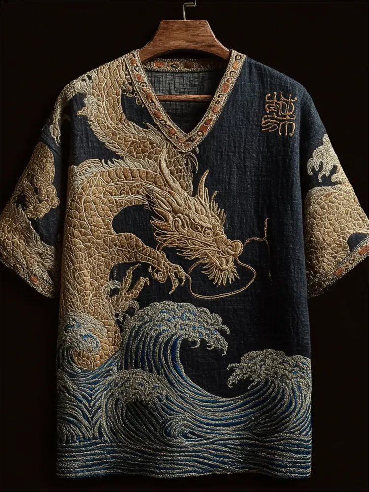 Japanese Golden Dragon & Sea Waves Embroidered Linen Shirt - Black