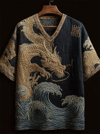 Japanese Golden Dragon & Sea Waves Embroidered Linen Shirt - Black