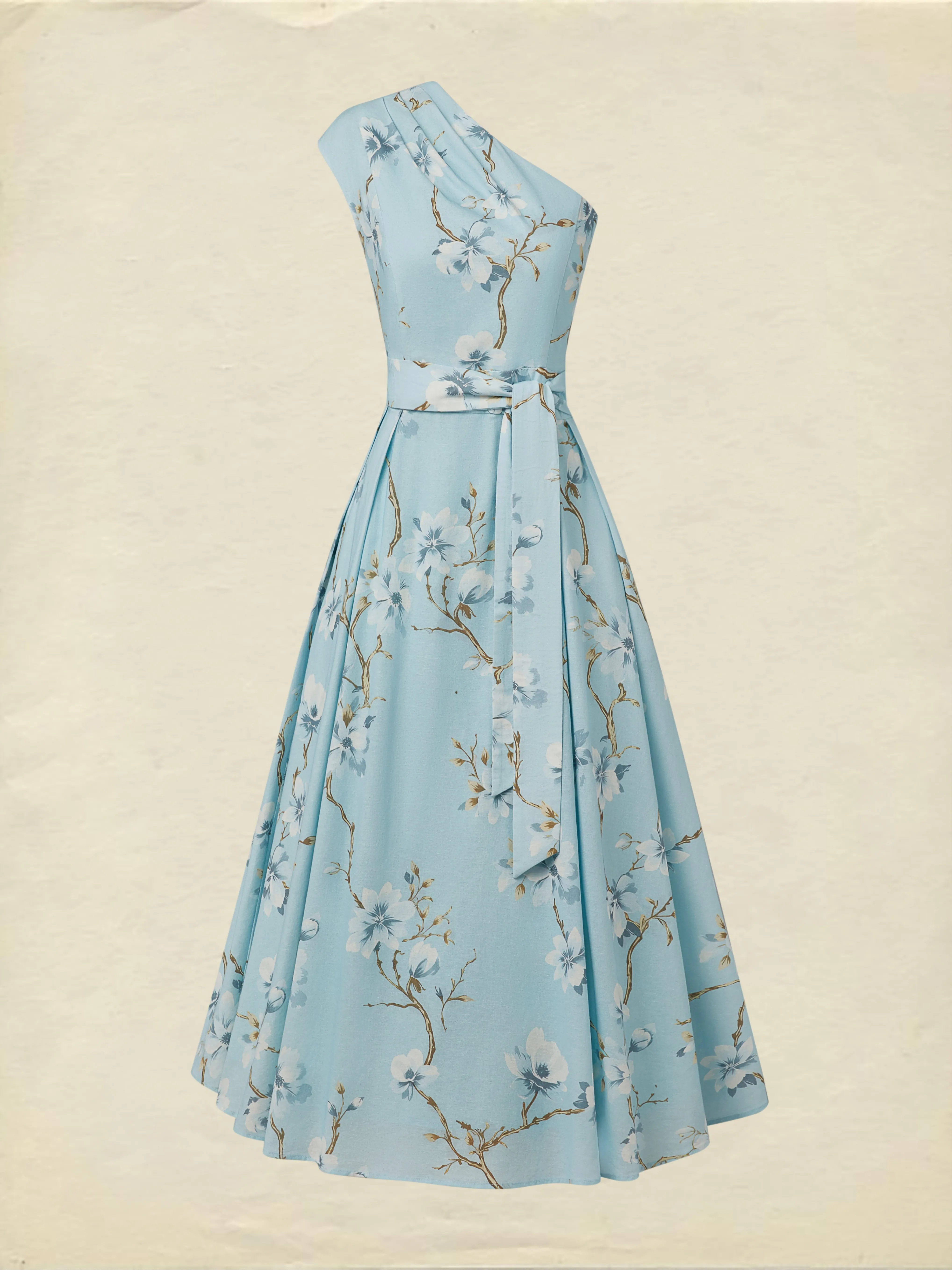 Maxi Linen Dress, Sleeveless, One Shoulder, Floral, Belt Design, Vacation, Vintage, Blue - Blue