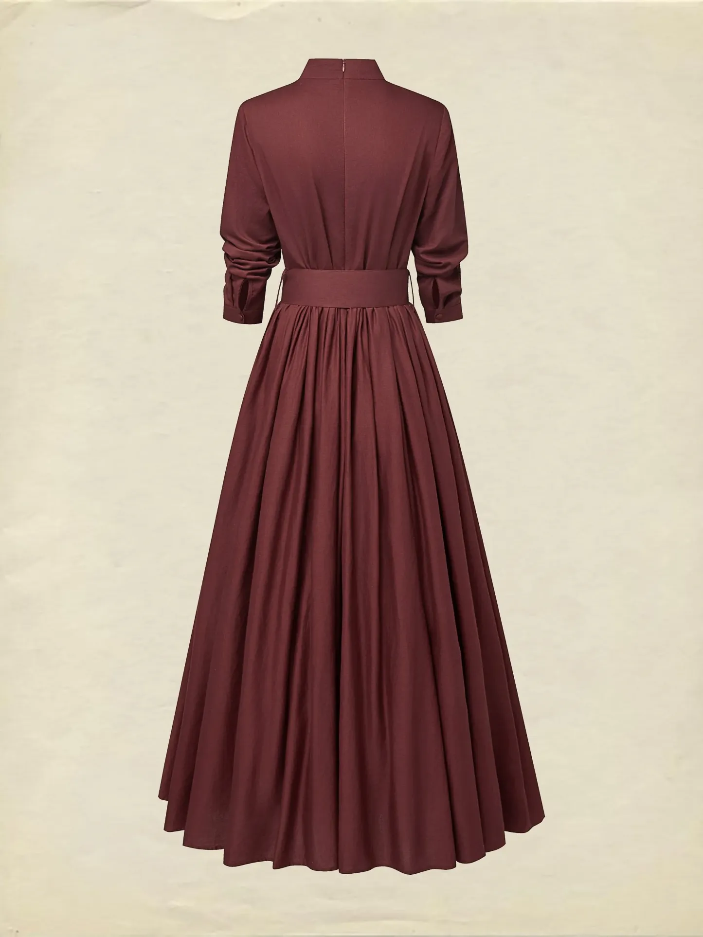 Maxi Linen Dress, Long Sleeves, Stand Collar, Plain, Button Design, Vintage, Red - Red