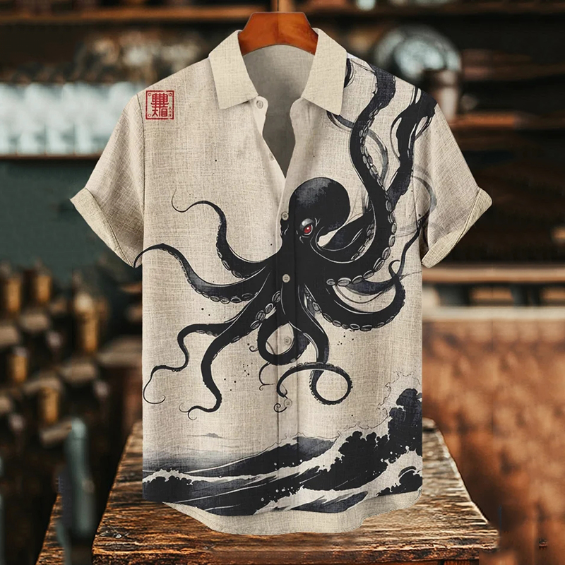 Men's Black Octopus Waves Japanese Art Print Casual Shirt - Khaki