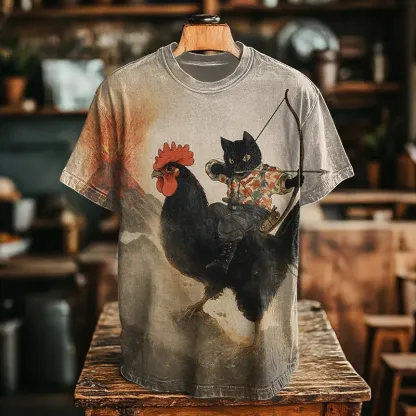Men's Retro Black Cat Archer And Chicken Print Casual T-shirt - Beige