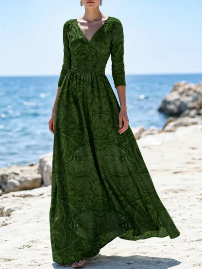 Maxi Linen Dress, Half Sleeve, V Neck, Floral, Vacation, Vintage, Deep Green - Deep Green