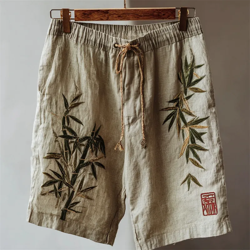 Vintage Japanese Bamboo Embroidered Linen Shorts - Beige