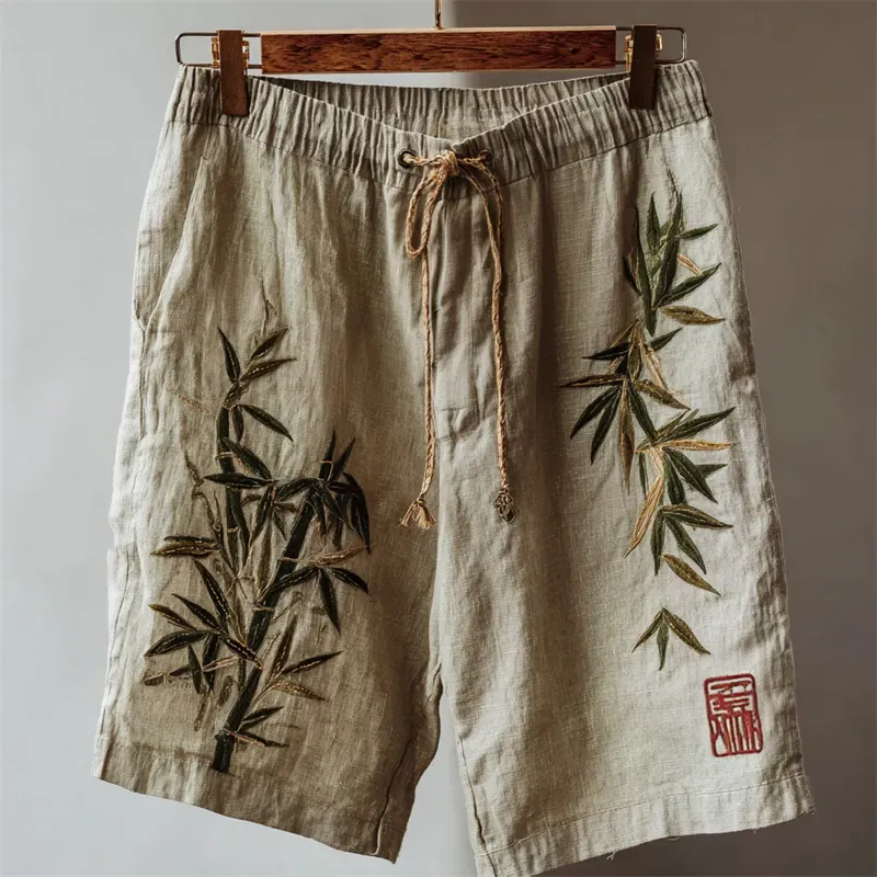 Vintage Japanese Bamboo Embroidered Linen Shorts - Beige