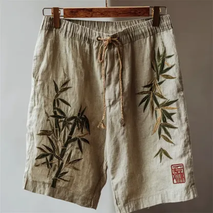 Vintage Japanese Bamboo Embroidered Linen Shorts - Beige