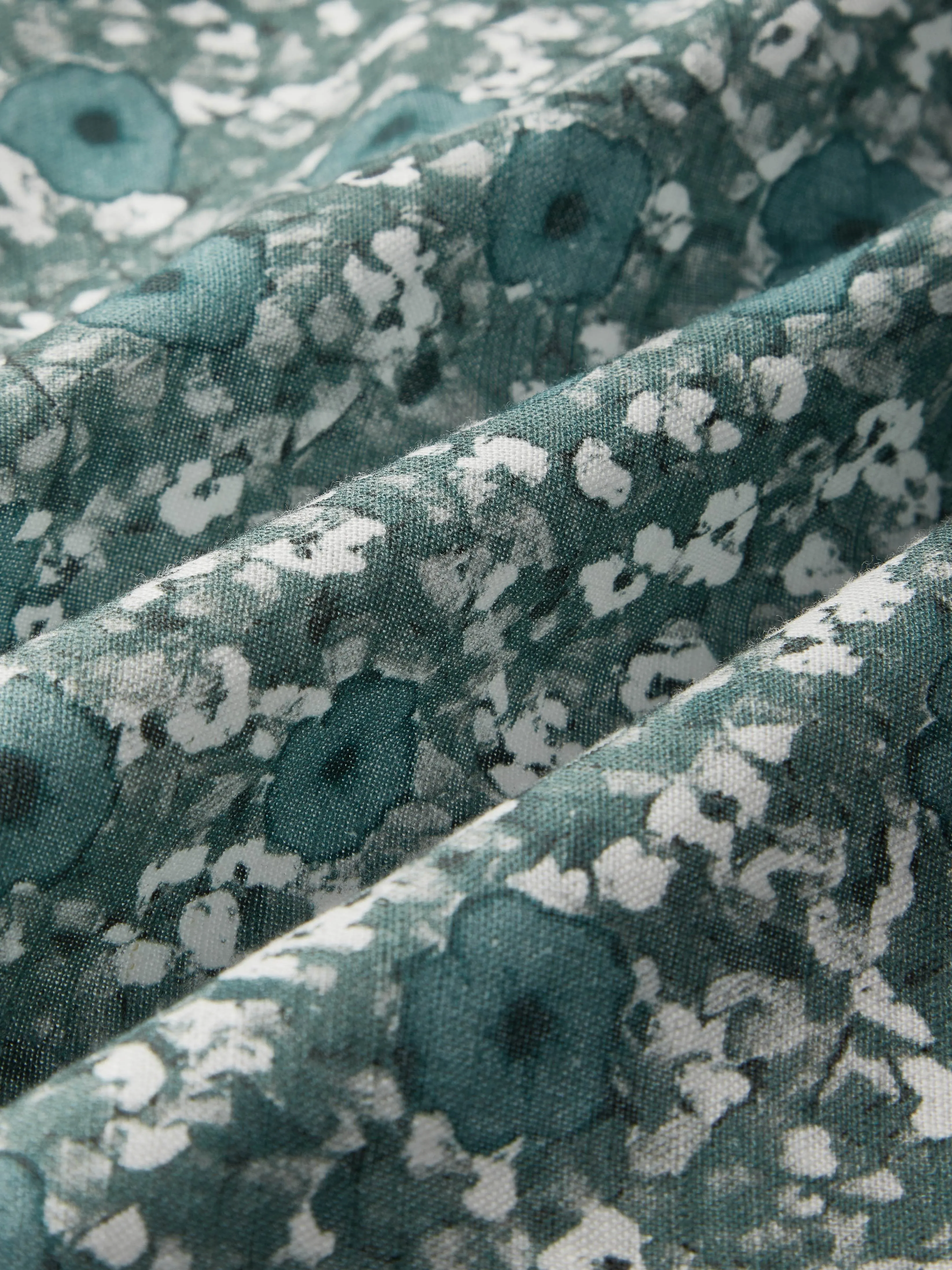 Maxi Linen Dress, Long Sleeves, V Neck, Floral, Button Design, Vintage, Green - Green