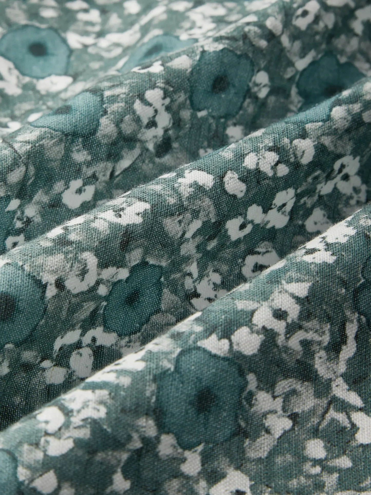 Maxi Linen Dress, Long Sleeves, V Neck, Floral, Button Design, Vintage, Green - Green