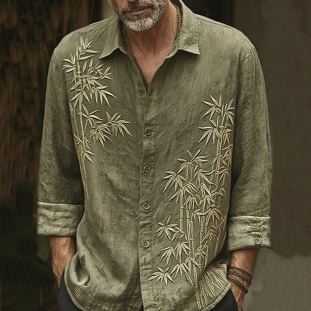 Men's Vintage Bamboo Embroidery Art Long Sleeve Shirt - Army Green