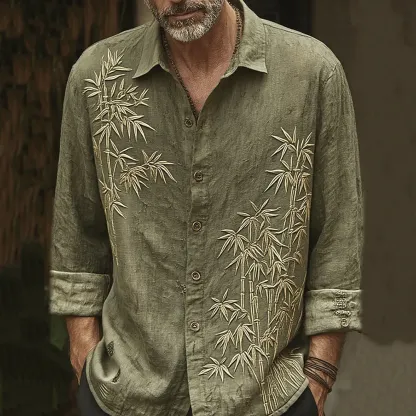 Men's Vintage Bamboo Embroidery Art Long Sleeve Shirt - Army Green