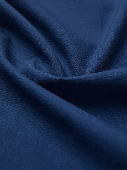 Midi Linen Dress, Half Sleeve, Shawl Collar, Plain, Button Design, Vintage, Dark Blue - Dark_blue