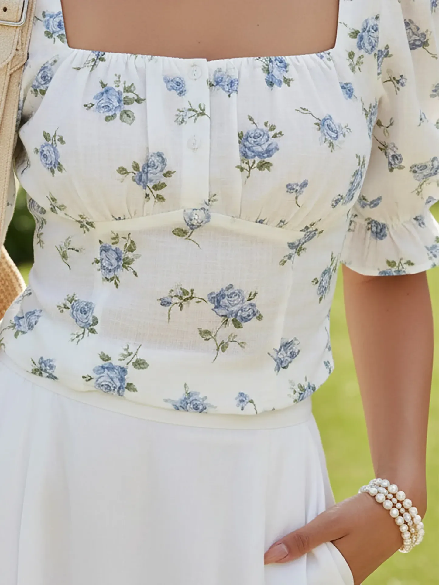 Linen Shirt, Short Sleeves, Square Neck, Floral, Button Design, Vintage, Blue - Blue